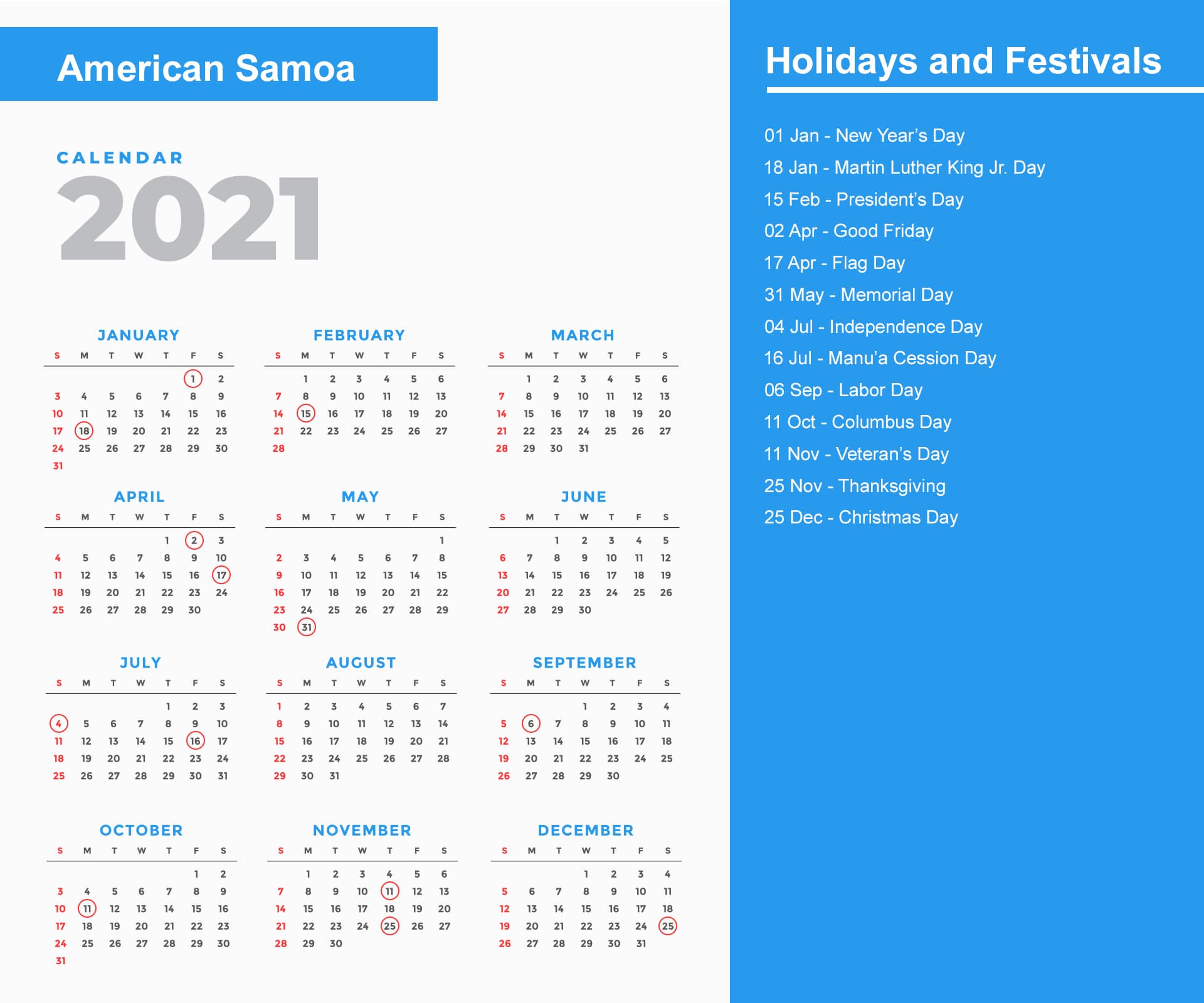 American Samoa Holidays Calendar 2021