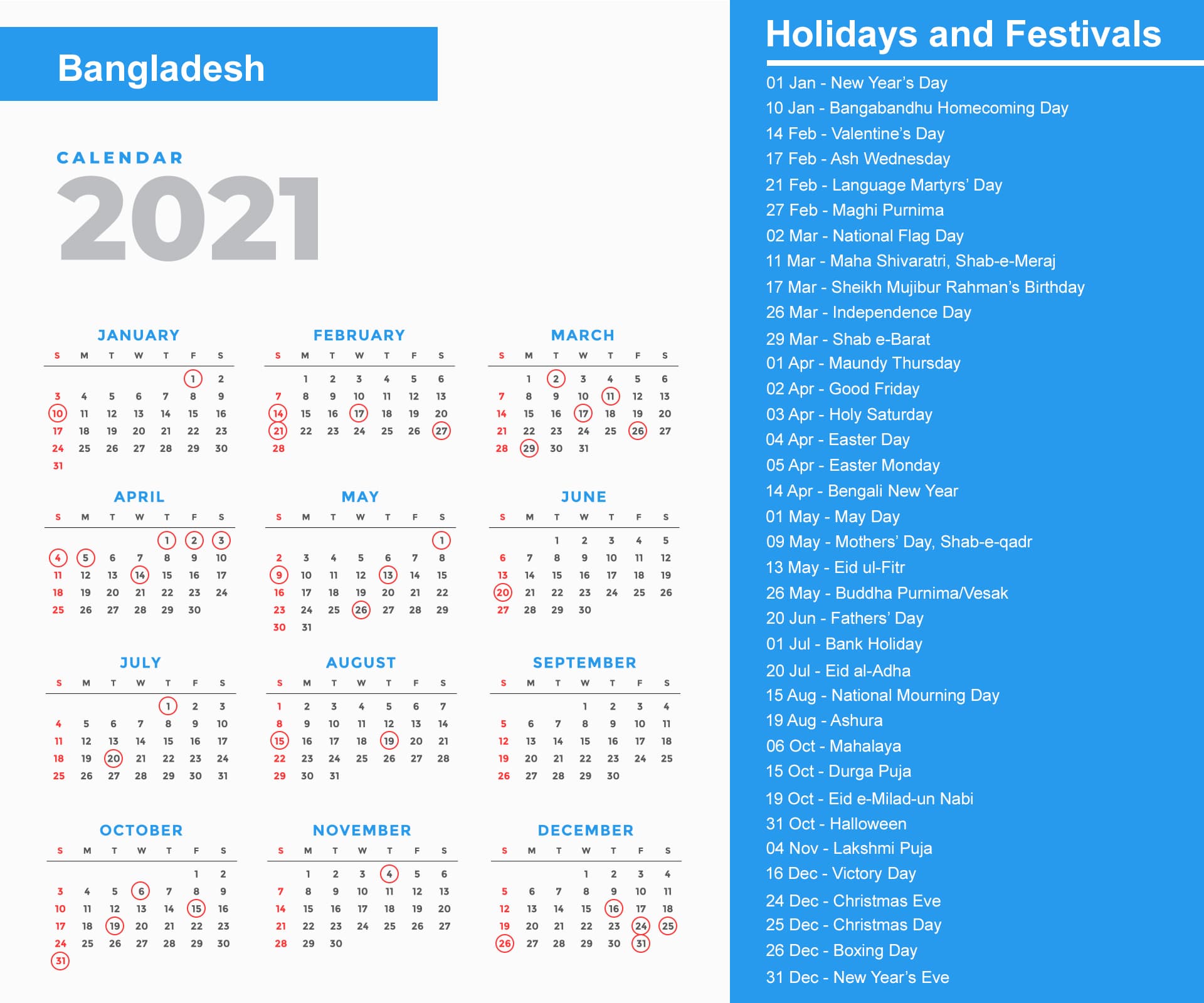 Bangladesh Holidays Calendar 2021