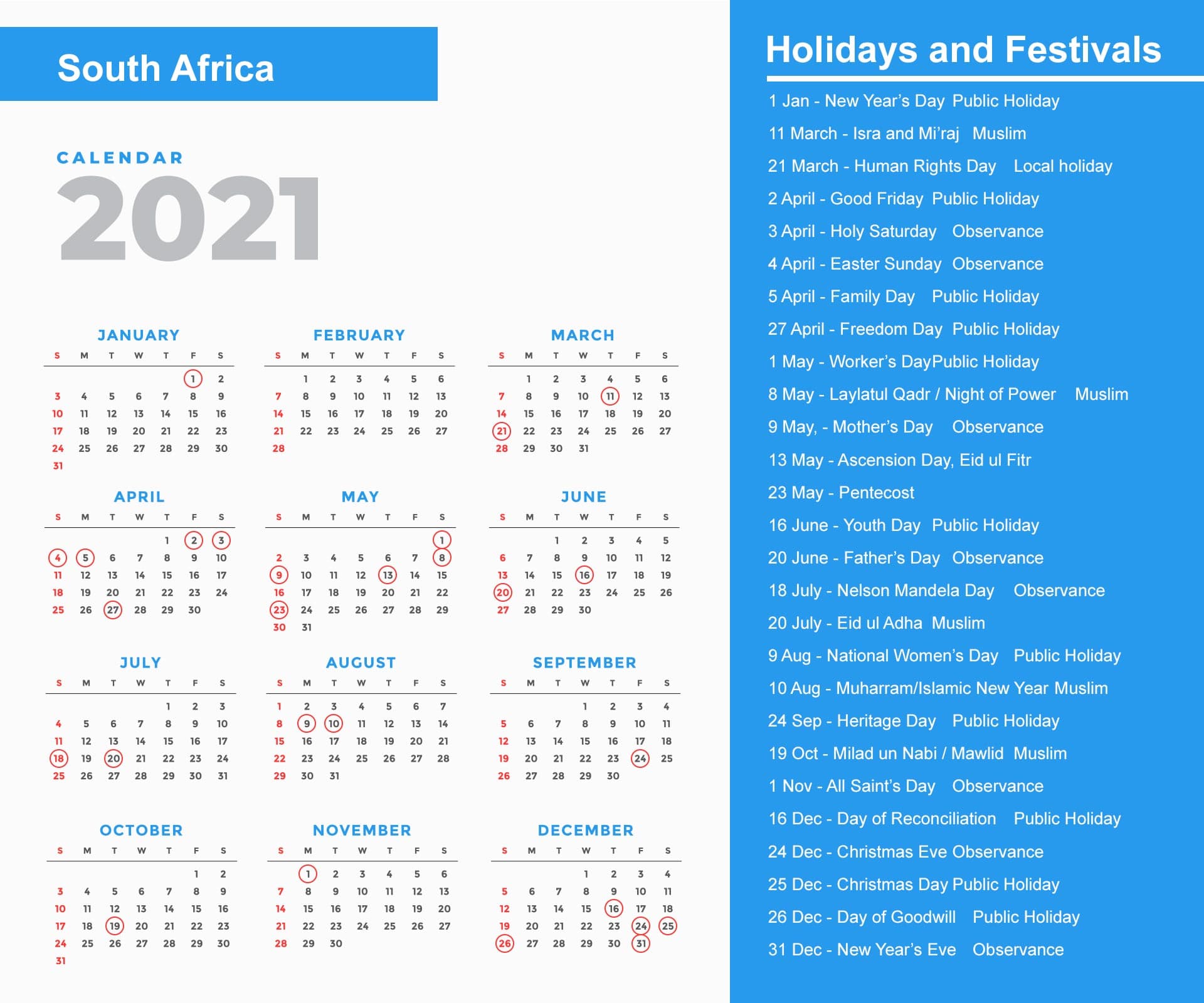 South Africa Holidays Calendar 2021