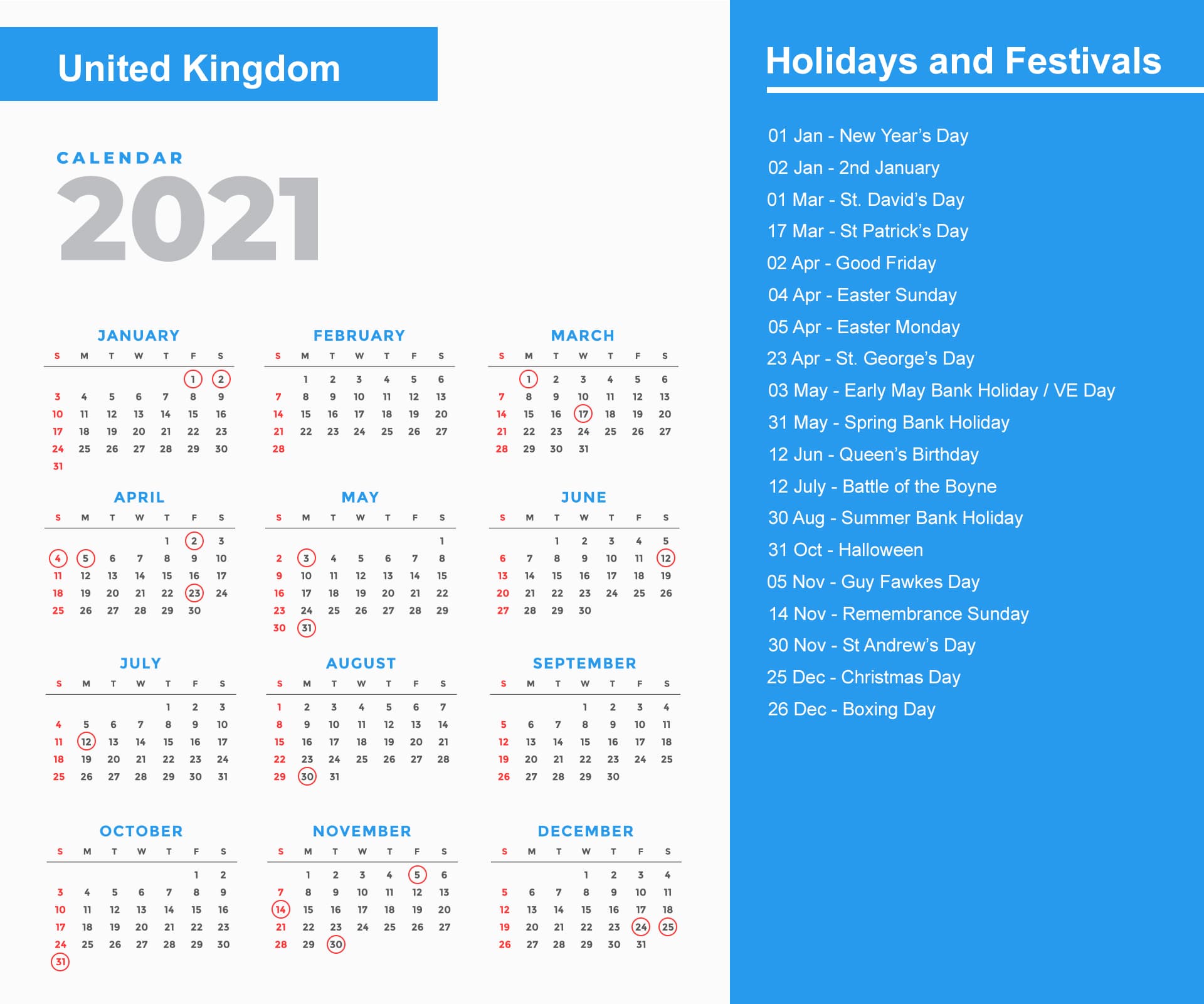 United Kingdom Holidays Calendar 2021