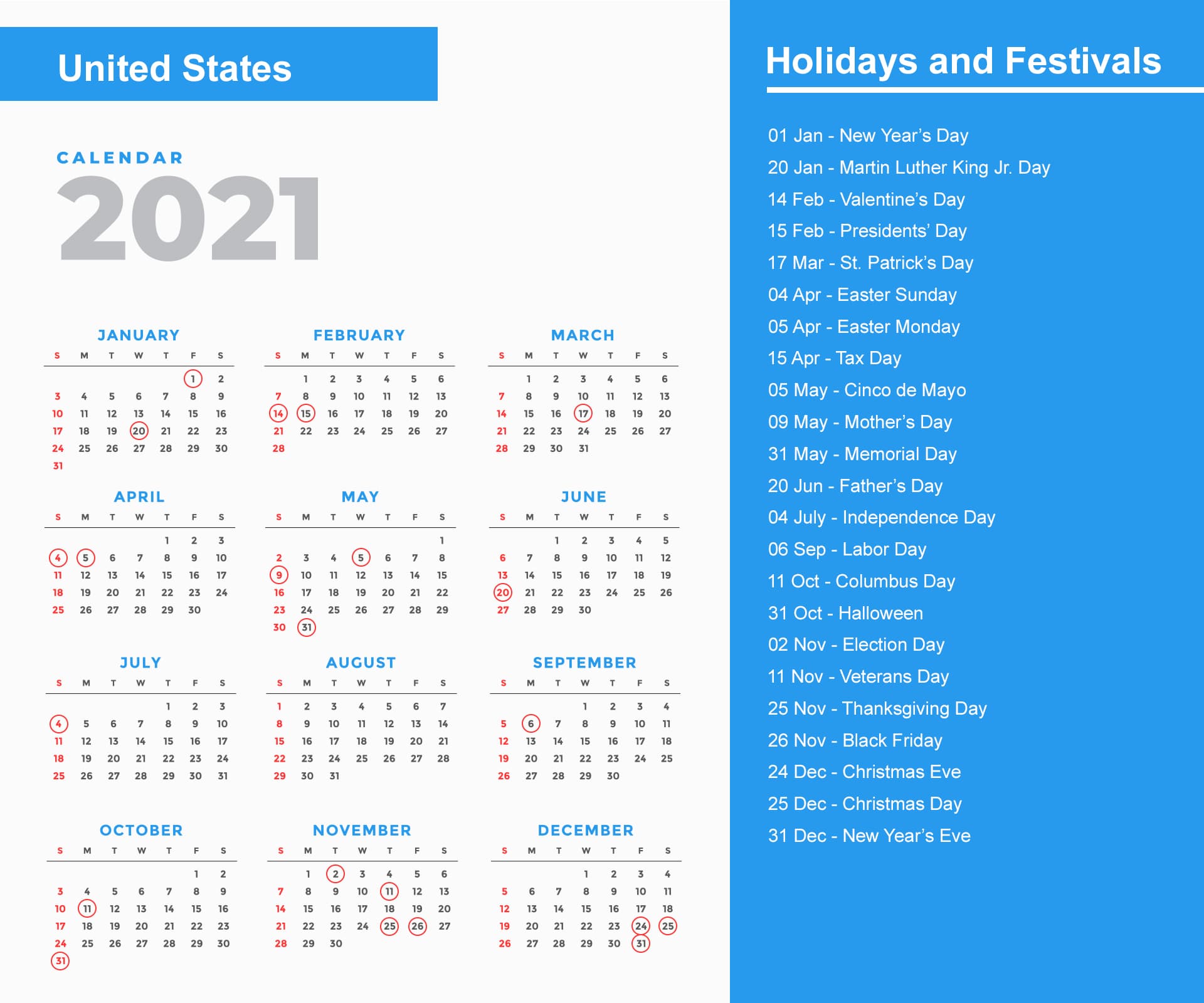 United States Holidays Calendar 2021