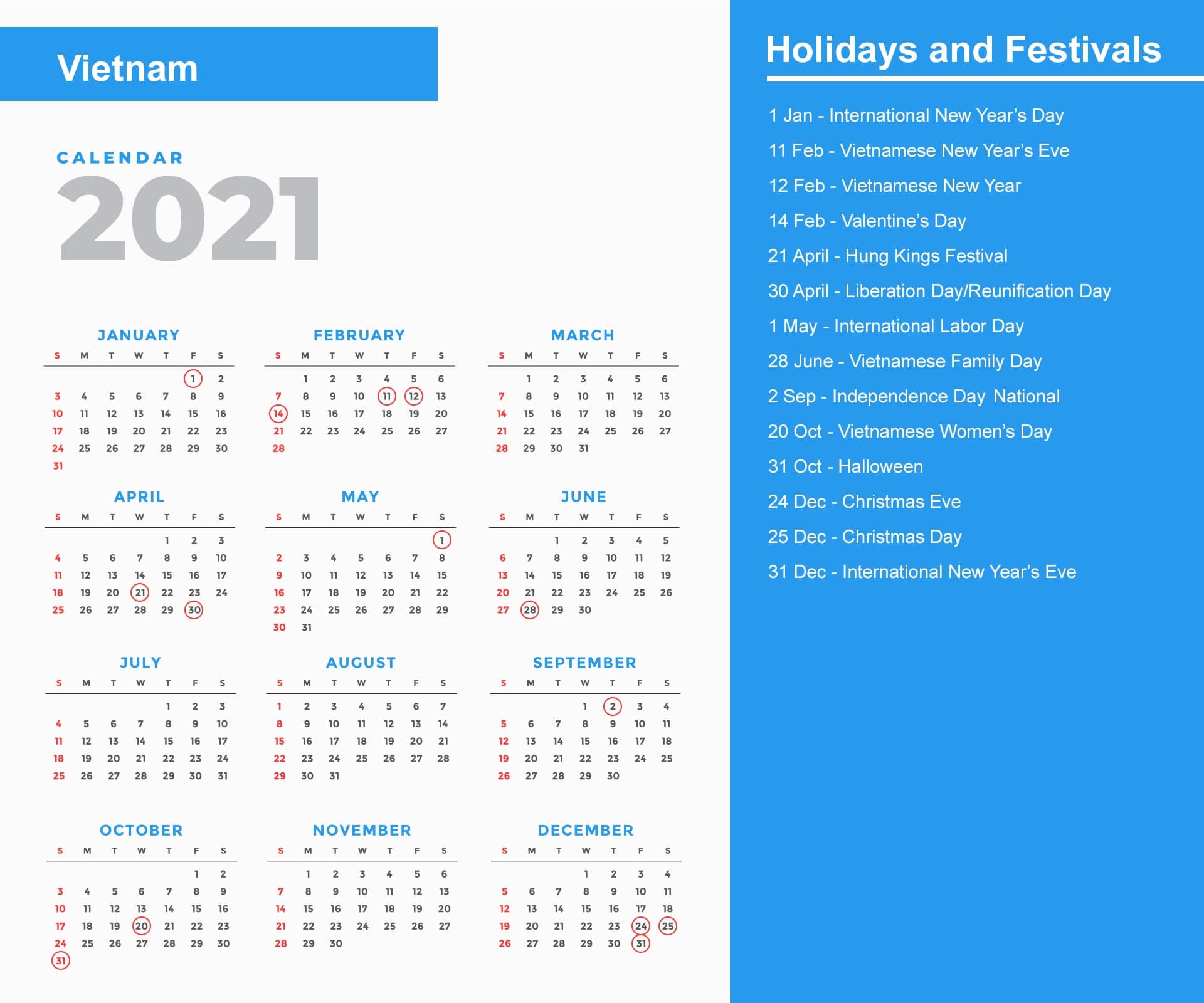 Vietnam Holidays Calendar 2021