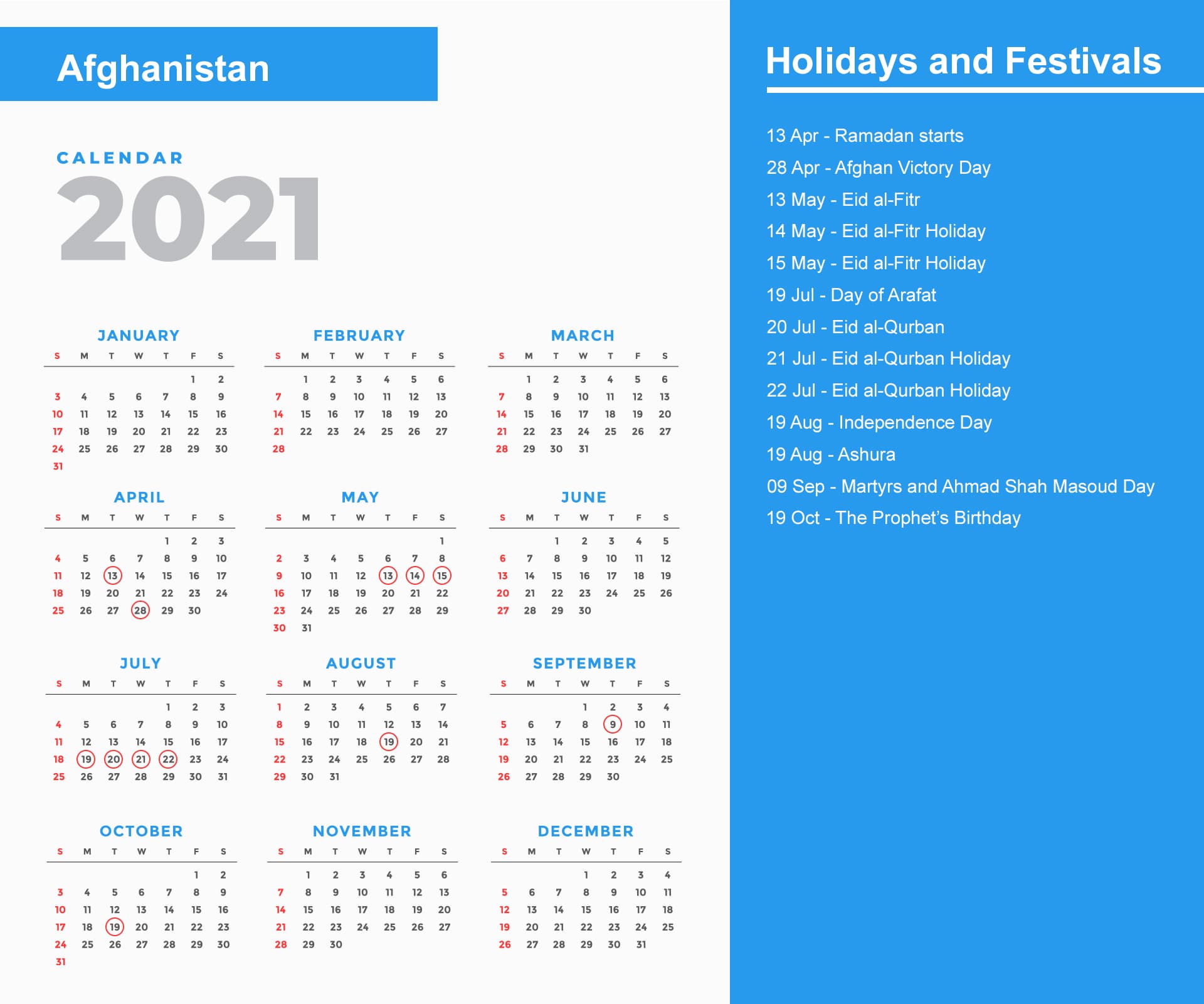 Afghanistan Holidays Calendar 2021
