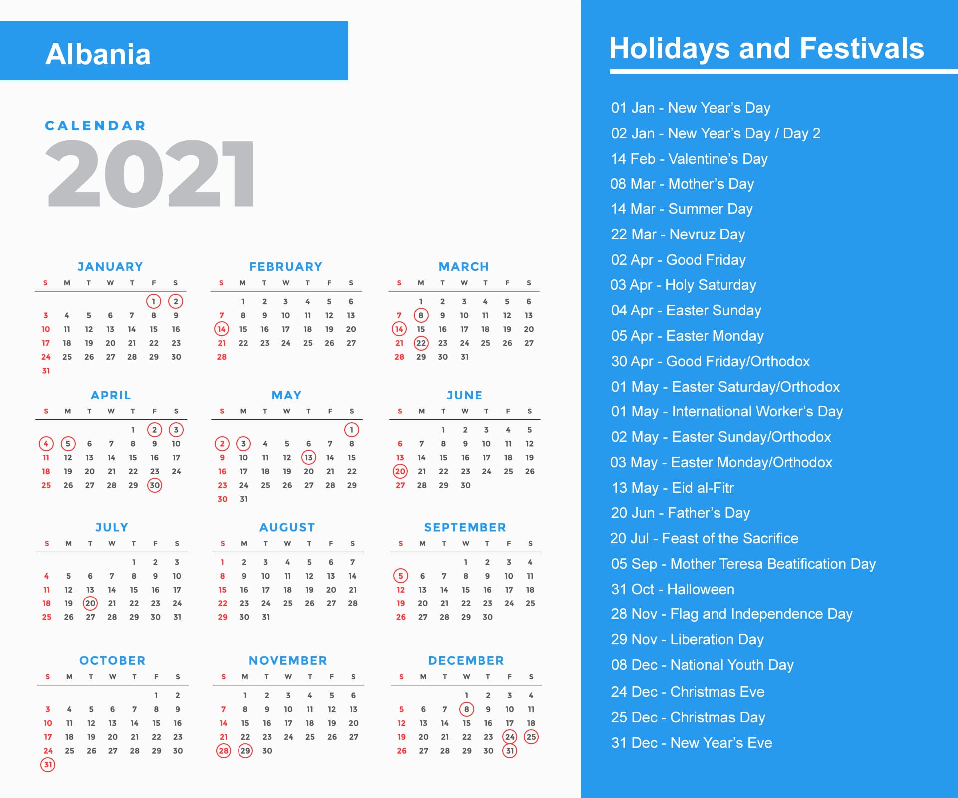 Albania Holidays Calendar 2021
