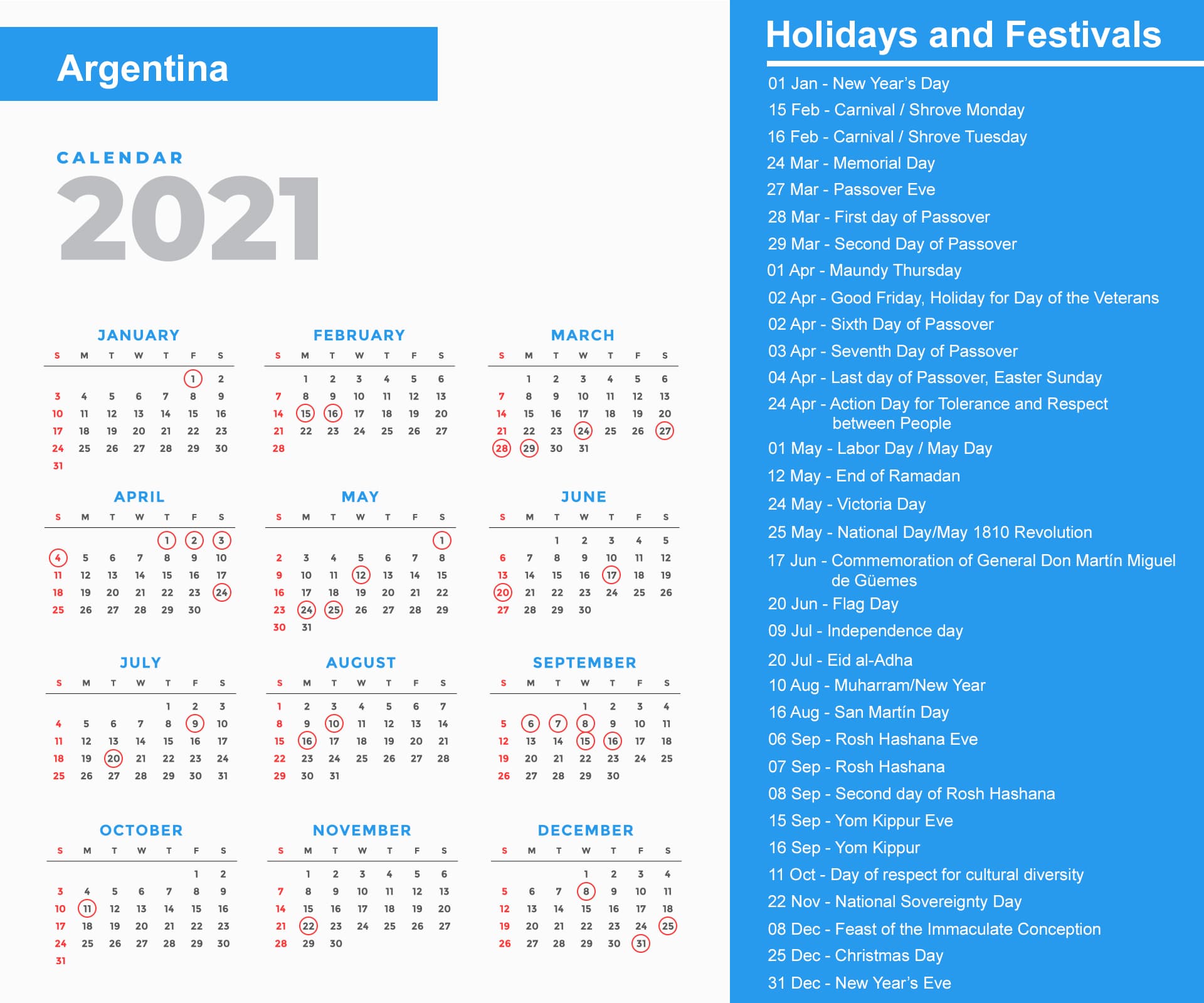 Argentina Holidays Calendar 2021