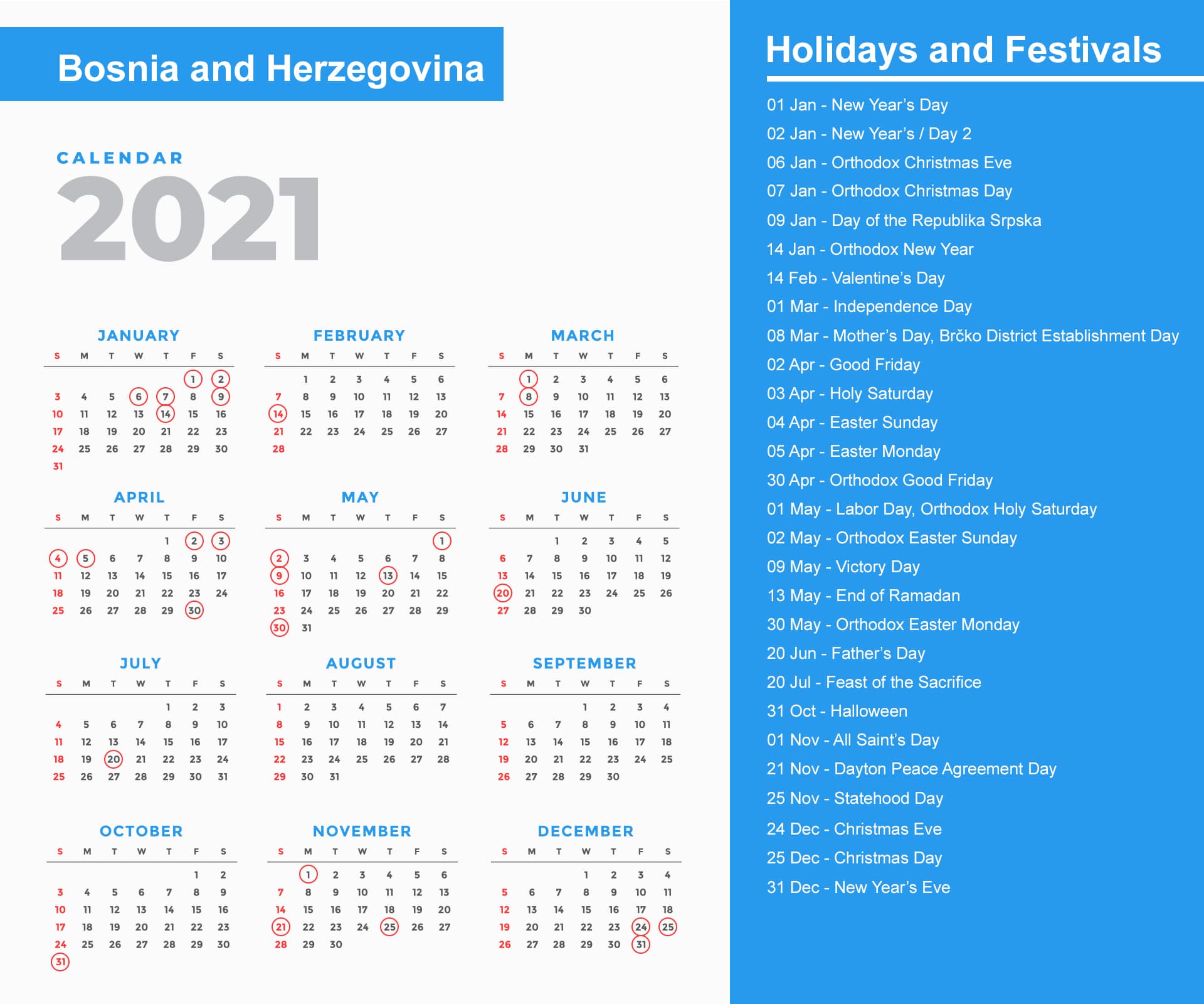 Bosnia and Herzegovina Holidays Calendar 2021