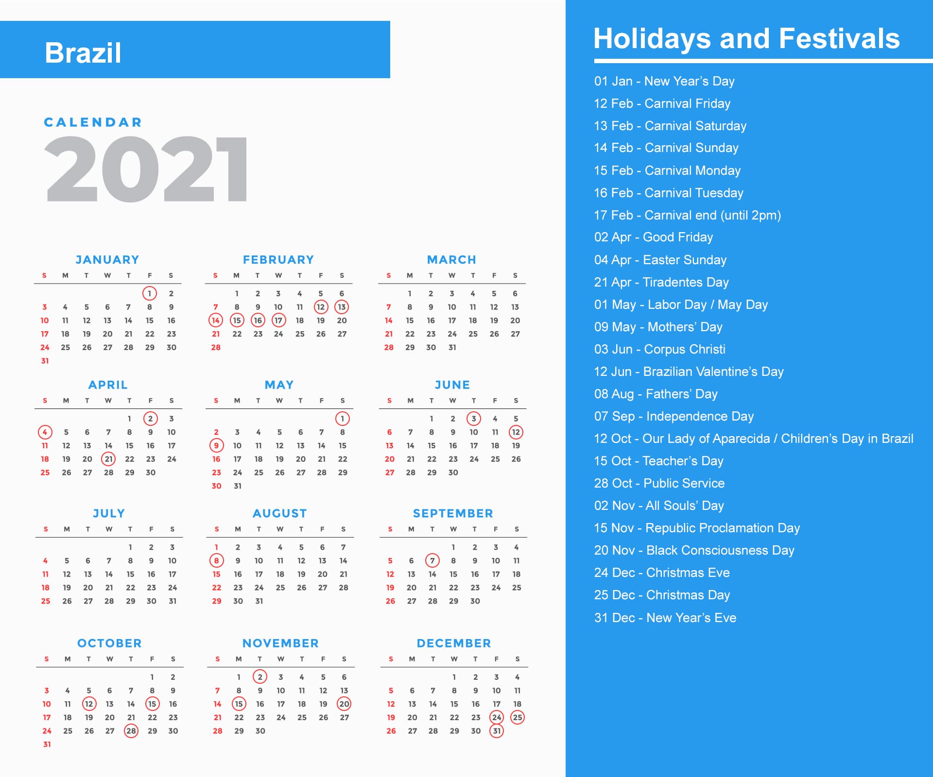 Brazil Holidays Calendar 2021