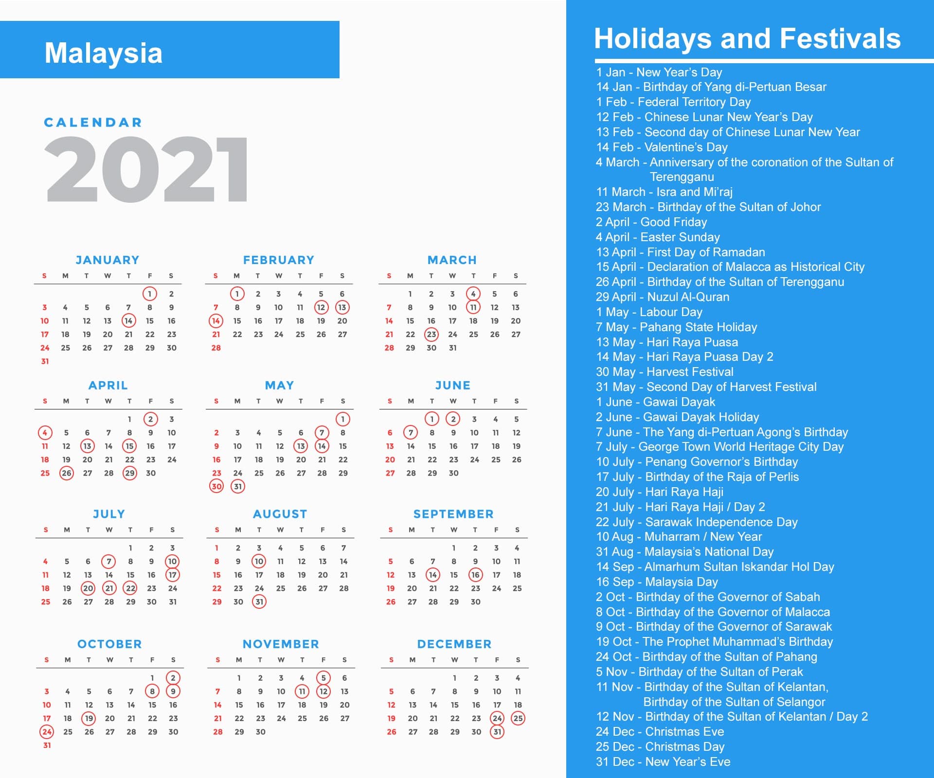 Malaysia Holidays Calendar 2021