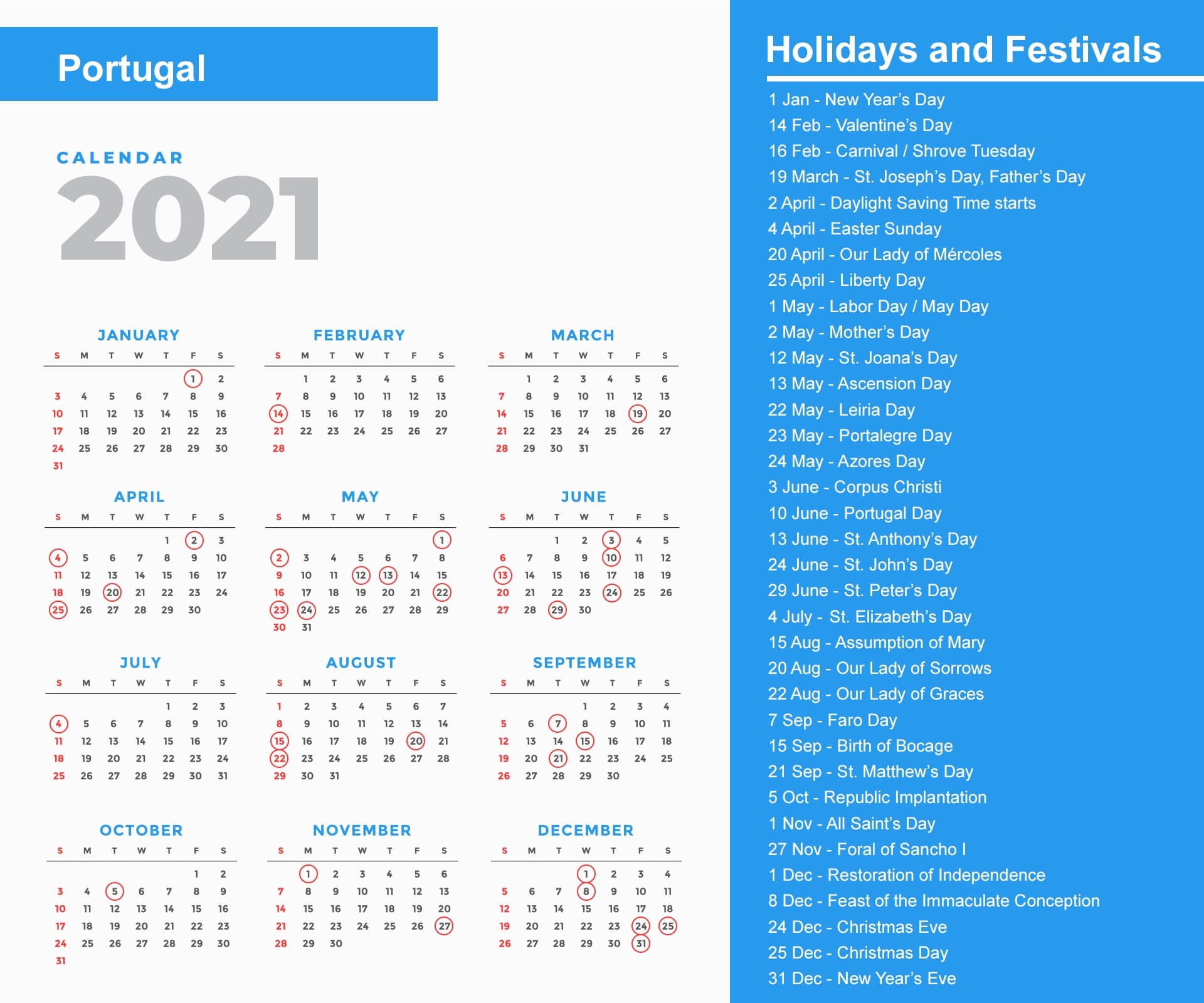 Portugal Holidays Calendar 2021