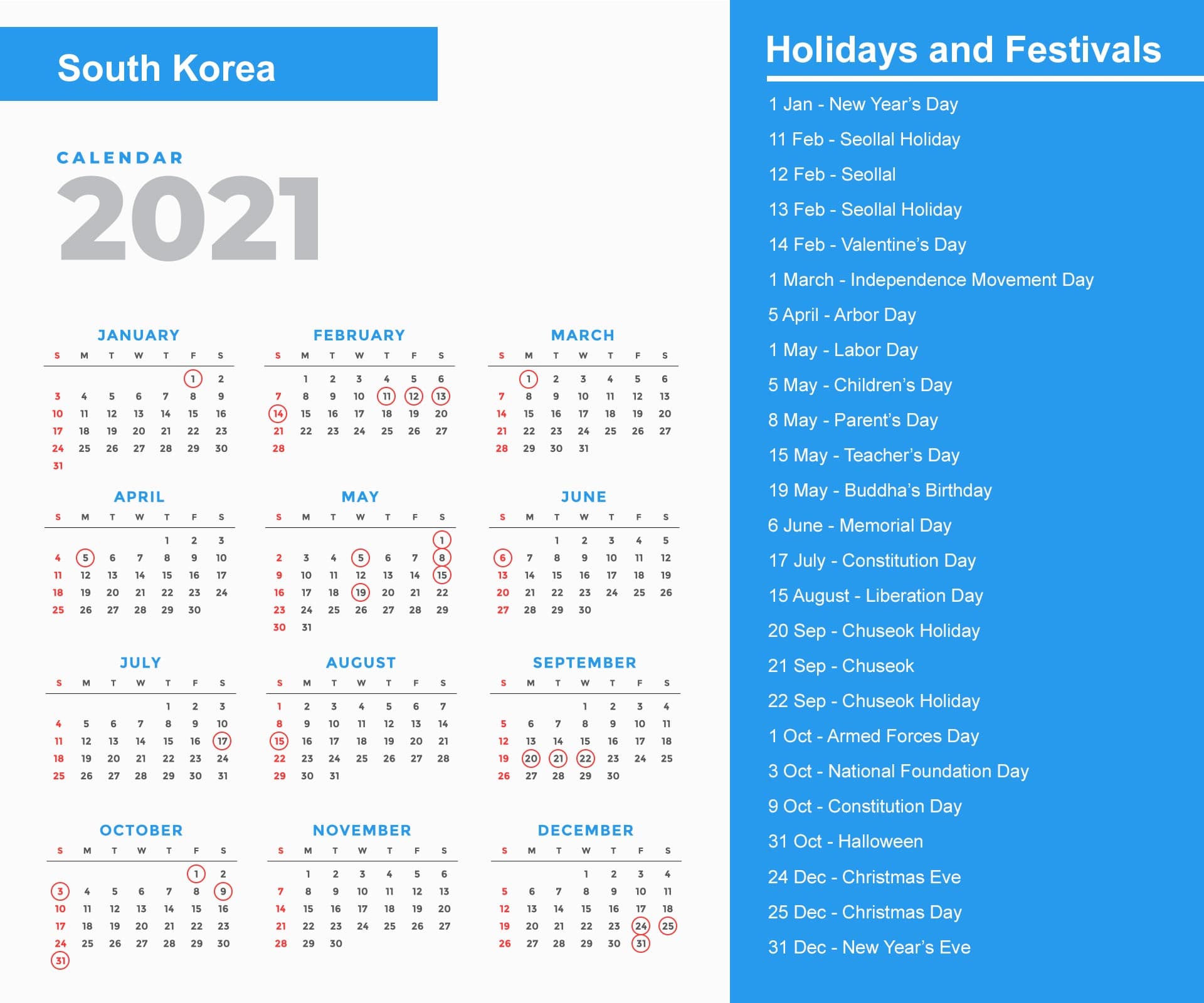 South Korea Holidays Calendar 2021