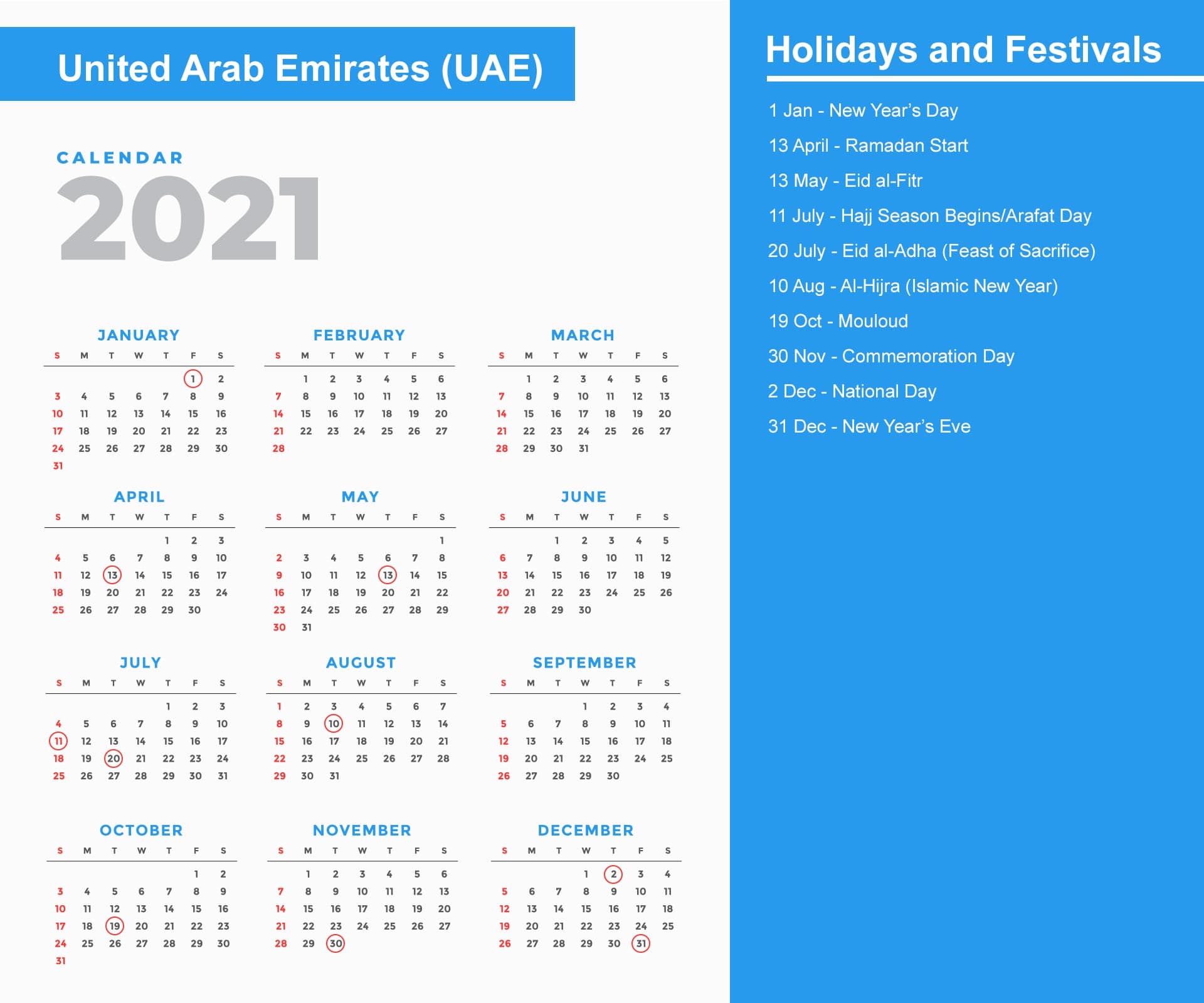United Arab Emirates Holidays Calendar 2021
